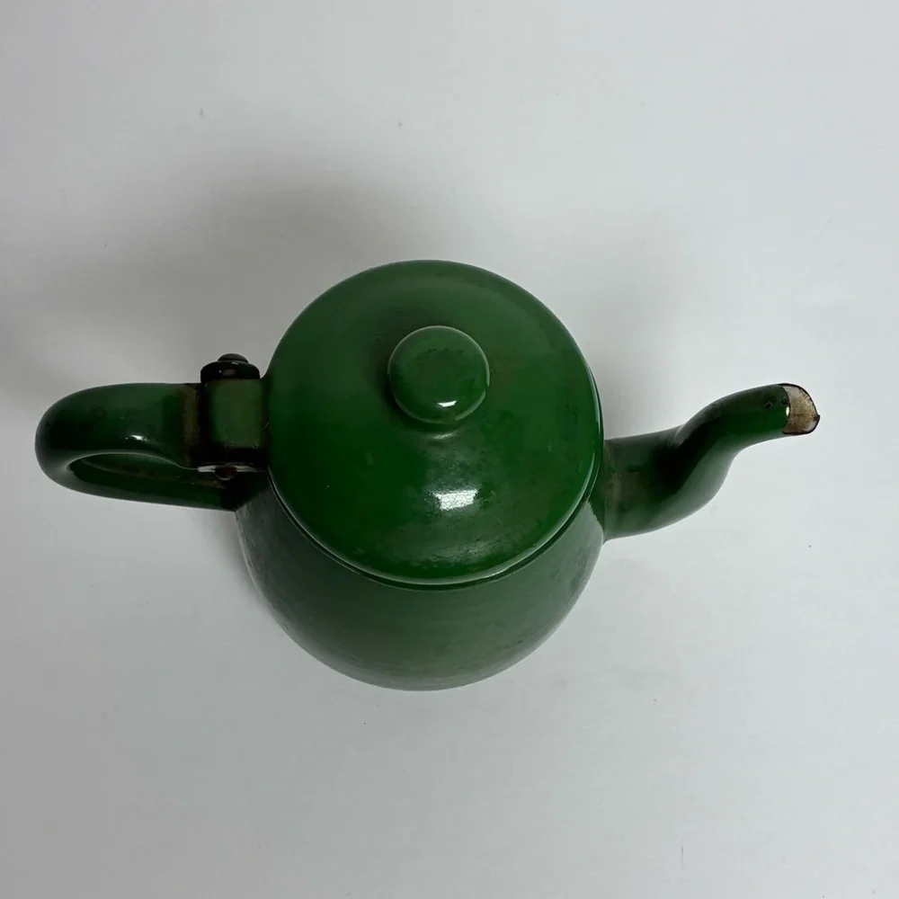 Teapot 4in X 5.5in Green Metal Hinged Vintage